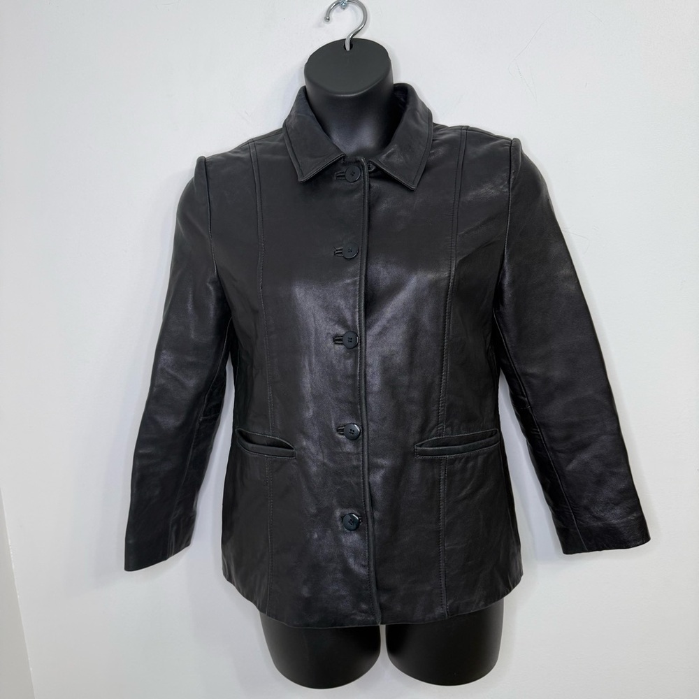 Petite Sophisticate Black Leather Button-Front Jacket